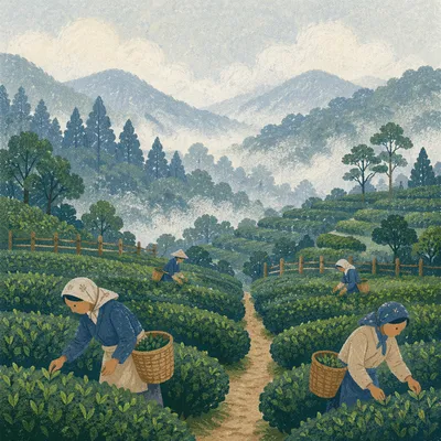 Misty Dawn Over Terraced Tea Hills