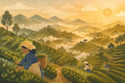 Morning Mist Over Terraced Tea Hills