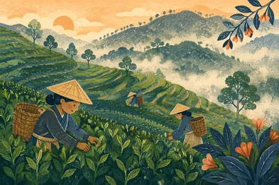 Misty Morning Over Terraced Tea Hills
