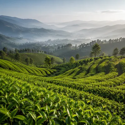 Misty Terraced Green Tea Hills at Sunrise