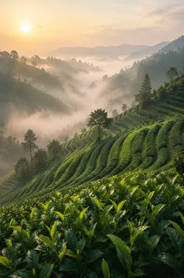Misty Dawn Over Terraced Tea Hills