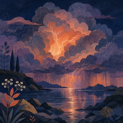 Dramatic Thunderstorm Over Coastal Twilight Inlet