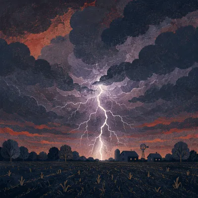 Night Thunderstorm Over Quiet Rural Field