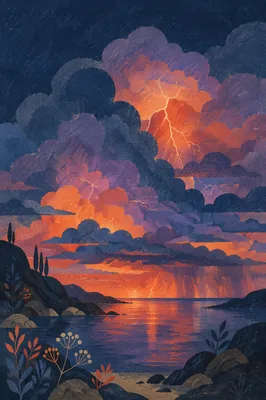 Twilight Thunderstorm Over Calm Coastal Inlet