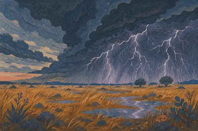 Lightning Over Windswept Open Plain