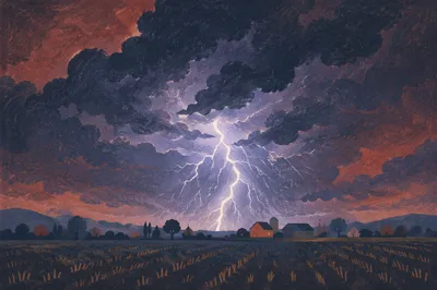 Night Thunderstorm Over Quiet Rural Field