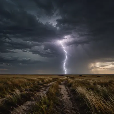 Lightning Over Prairie Under Dramatic Storm Sky