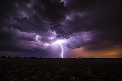Night Thunderstorm Lightning Over Rural Field