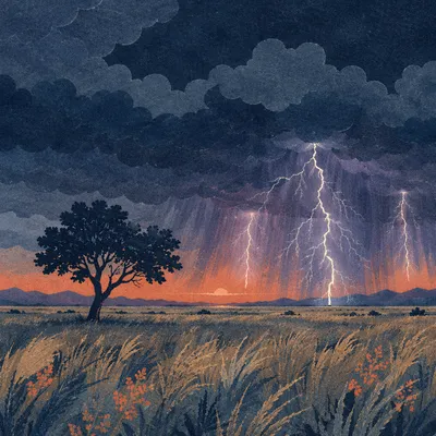 Lightning Over Rural Field at Dusk