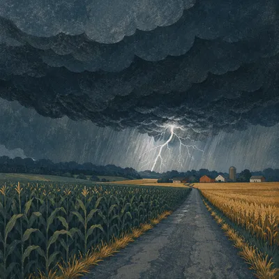 Lightning Storm Over Rural Farm Field