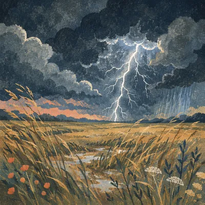 Lightning Storm Over Open Meadow Sky