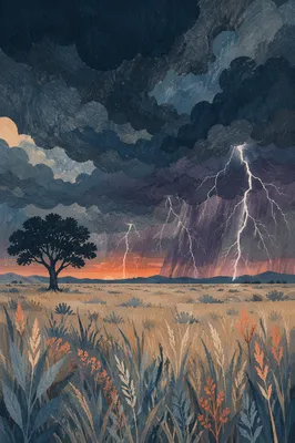 Lightning Storm Over Rural Field at Dusk