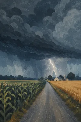 Lightning Storm Over Rural Farm Field