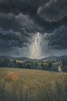 Lightning Over Rural Field Dramatic Sky