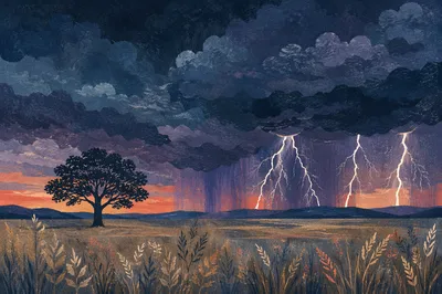 Lightning Storm Over Rural Field at Dusk