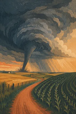 Dramatic Tornado Over Rural Farmland Sky
