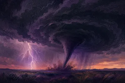 Dramatic Tornado Under Lightning at Dusk