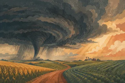 Dramatic Tornado Over Rural Farmland Sky