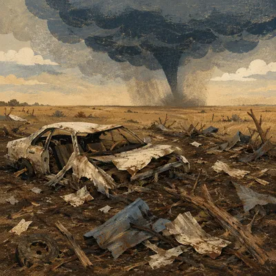 Tornado Funnel Over Debris Strewn Plains