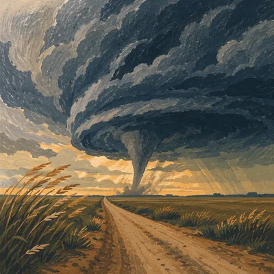 Tornado Funnel Over Open Prairie Road