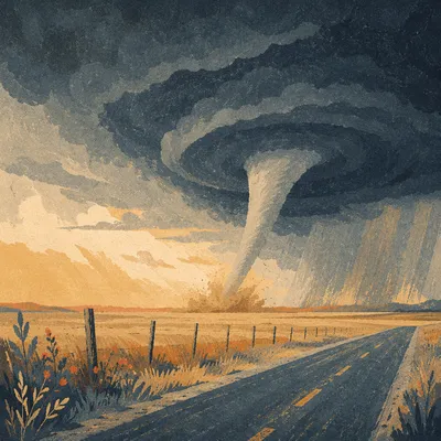 Dramatic Tornado Funnel Over Open Plains