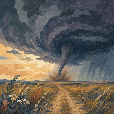 Distant Tornado Funnel Over Open Plains