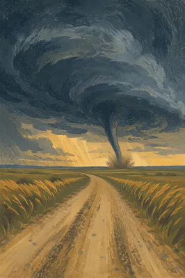 Tornado Funnel Over Open Prairie Road