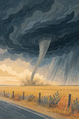 Dramatic Tornado Funnel Over Open Plains