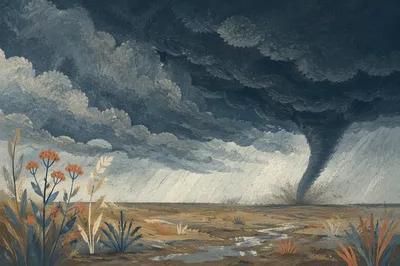 Tornado Funnel Over Stormy Open Plains