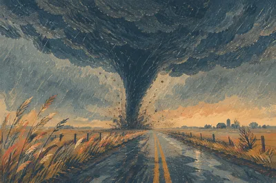 Massive Tornado Funnel Over Rural Plains
