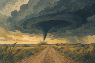 Tornado Funnel Over Open Prairie Road