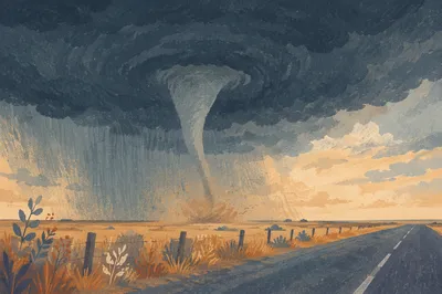 Dramatic Tornado Funnel Over Open Plains
