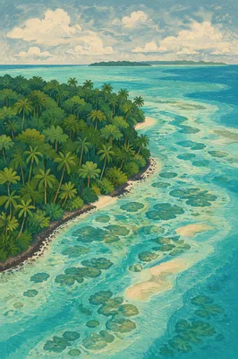 Tropical Island Aerial Over Turquoise Lagoon