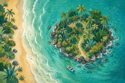 Aerial Tropical Islet in Turquoise Water