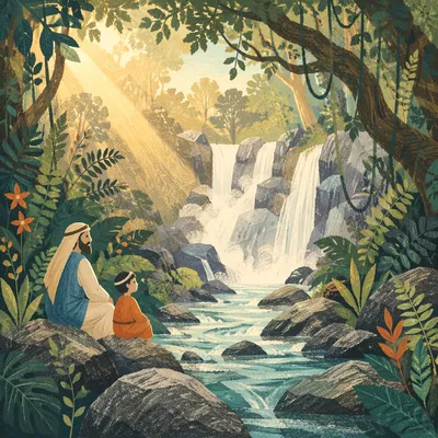 Misty Tropical Jungle Waterfall at Sunrise