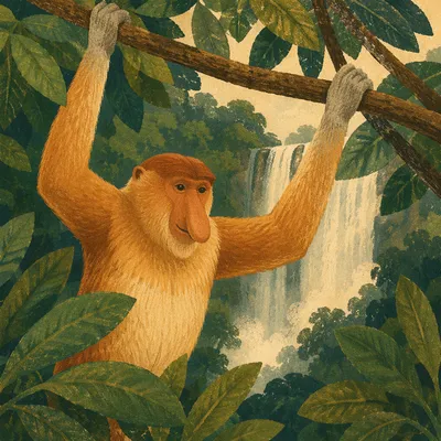 Proboscis Monkey in Misty Jungle Canopy