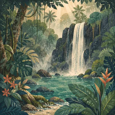 Peaceful Tropical Jungle Waterfall at Dawn