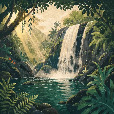 Secluded Tropical Waterfall Under Green Canopy