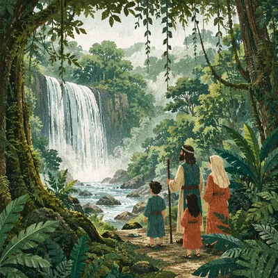 Misty Tropical Waterfall Under Green Canopy