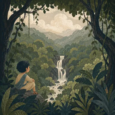 Serene Tropical Waterfall Under Misty Canopy