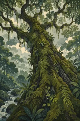 Misty Tropical Rainforest Tree Canopy