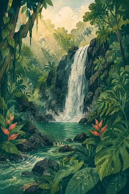Secluded Tropical Waterfall Beneath Emerald Canopy