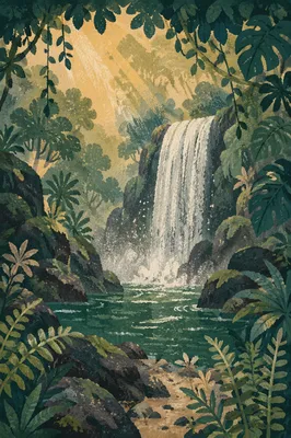 Secluded Tropical Jungle Waterfall at Dawn