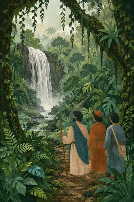 Misty Tropical Jungle Waterfall Under Green Canopy