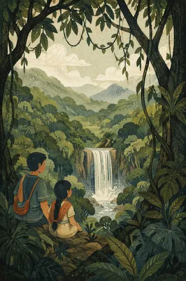 Serene Tropical Waterfall Under Misty Canopy