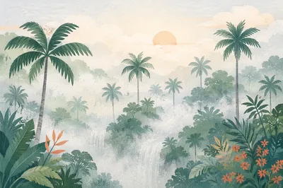 Misty Tropical Jungle Canopy at Dawn