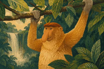 Proboscis Monkey in Misty Jungle Canopy
