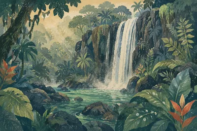 Misty Tropical Jungle Waterfall at Dawn