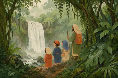 Misty Tropical Waterfall Beneath Green Canopy