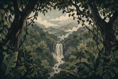 Serene Tropical Waterfall Under Misty Canopy